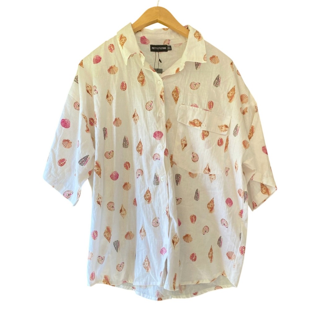 PrettyLittleThing Seashell Linen Look Cream Button Up Boxy Shirt 8‎ Beach Flax